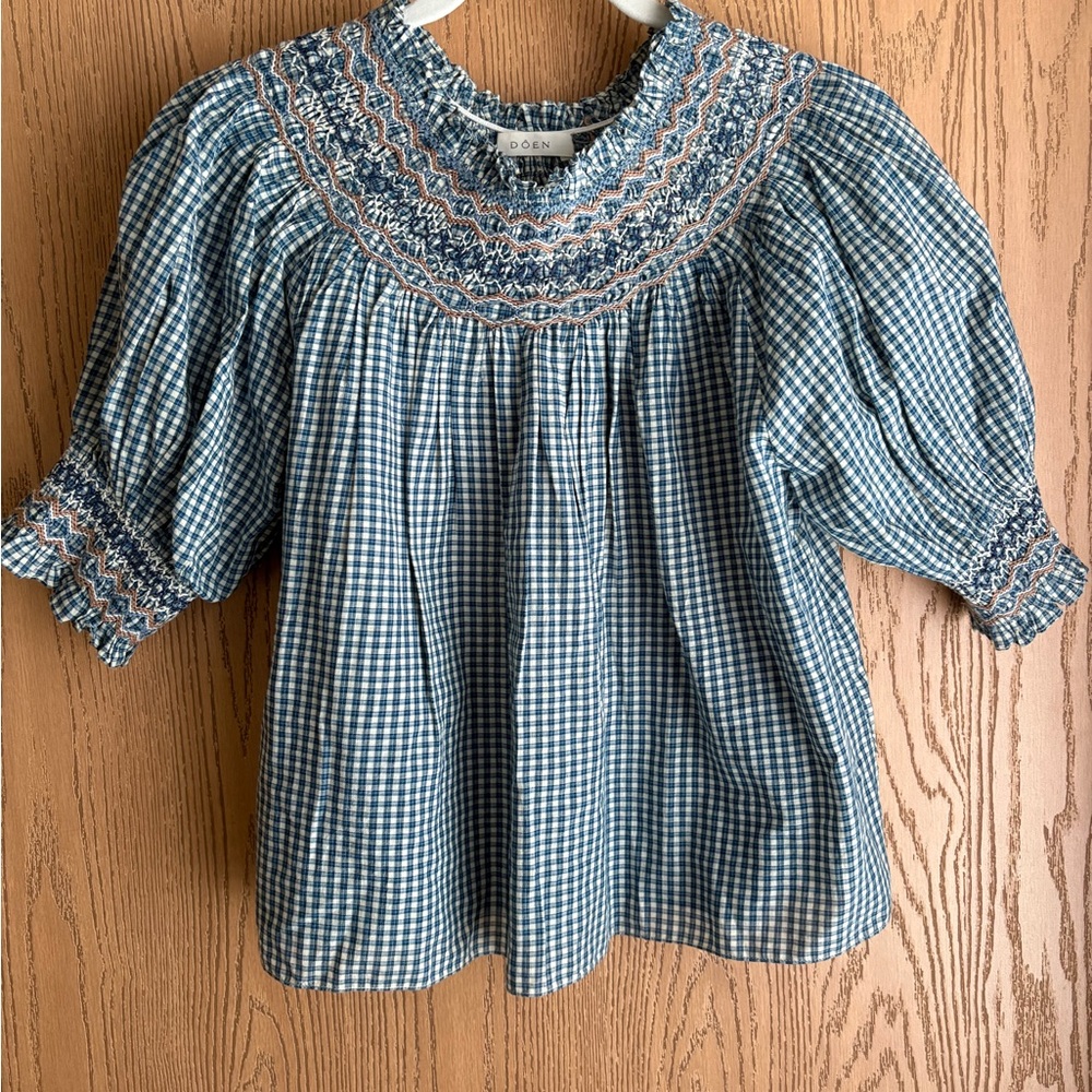 Doen Smocked Checkered Blouse with Embroidered Details
